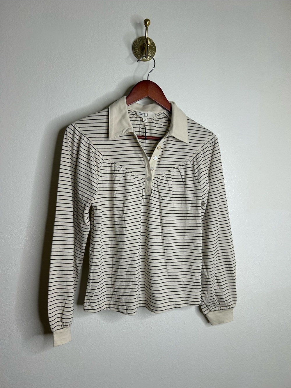 NWT Nation LA 100% Organic Cotton Collared Espresso Pinstripe Long Sleeve Blouse